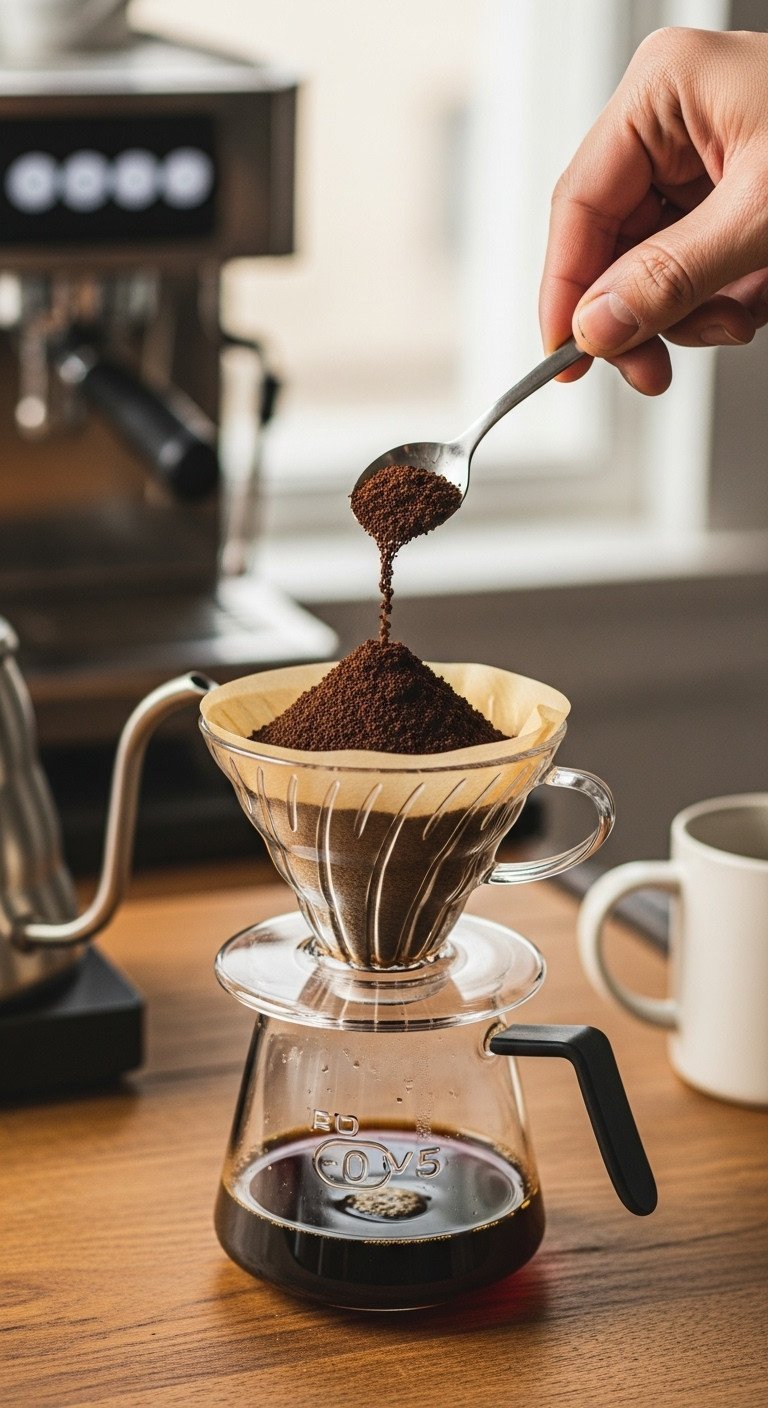 7 Secrets To Perfect Half Caff Coffee Jitters Free 11 Freshly ground medium-fine coffee pouring into a V60 dripper filter on a rustic wooden table with a gooseneck kettle.