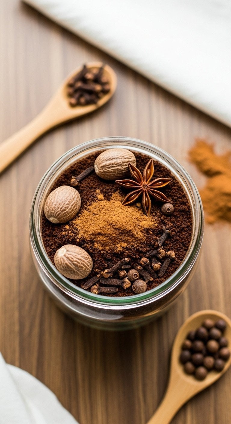 7 Best Christmas Coffee Blends & Easy DIY Recipes 9 Freshly ground medium roast coffee blended with cinnamon, nutmeg, cloves in a glass jar, spoon on a rustic wooden table.