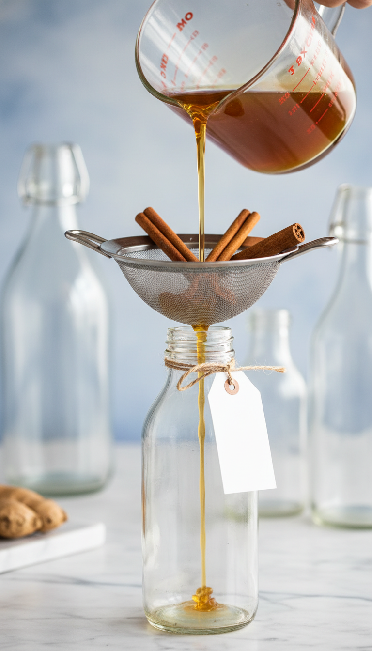 Best Homemade Gingerbread Coffee Syrup: Starbucks Copycat 5 Freshly infused amber gingerbread syrup straining through a sieve into a glass bottle, capturing cinnamon and ginger pieces.