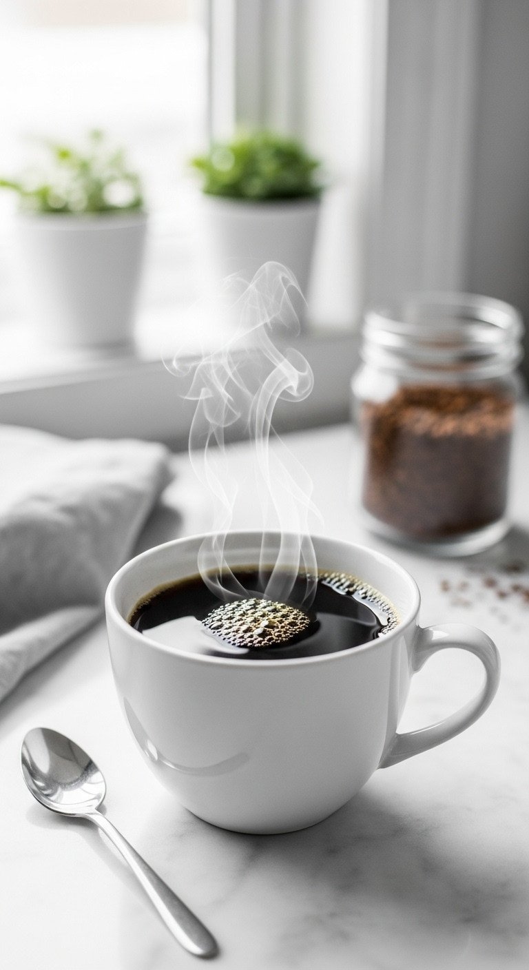 How To Make Black Coffee The Right Way For Perfect Taste 1 Freshly made black coffee steaming in a white mug on a marble counter with a silver spoon in a bright, minimalist kitchen.