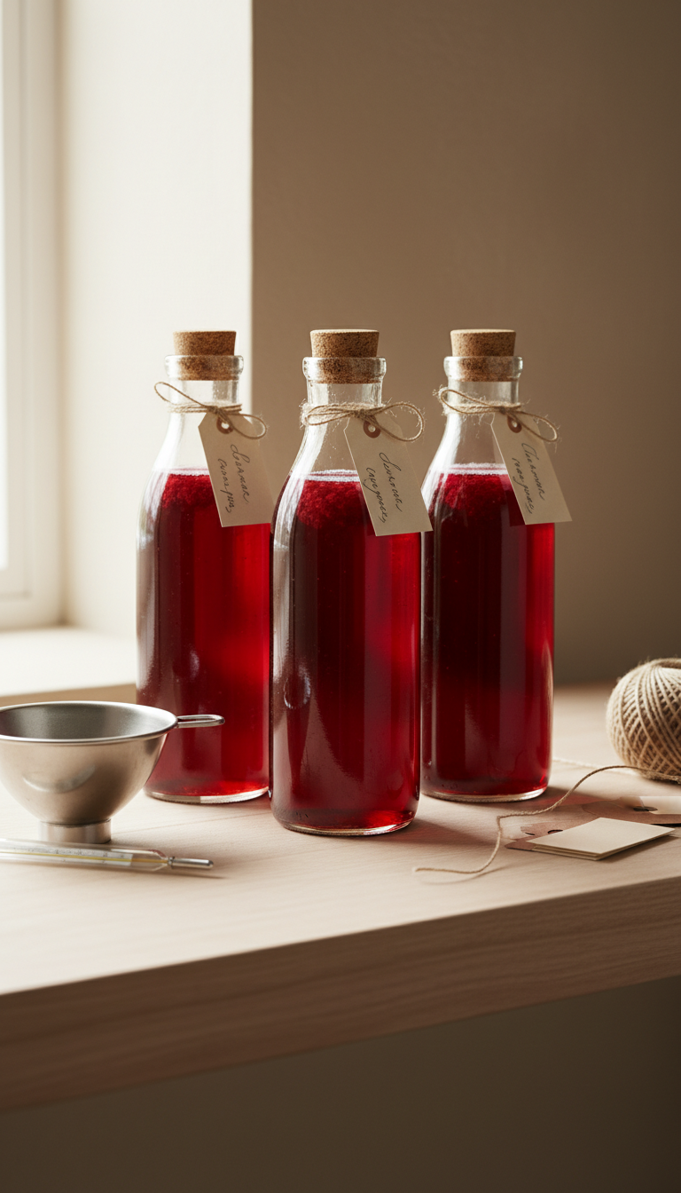 Homemade Raspberry Coffee Syrup: 7 Essential Recipes 11 Freshly made vibrant raspberry syrup in corked glass bottles, neatly lined on a shelf with handwritten tags. Homemade food preservation.