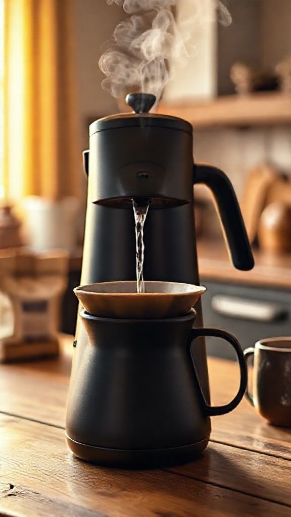 Why Your Coffee Tastes Bad And How To Make It Great 1 Freshly roasted coffee beans spilling from a matte black canister onto a gray quartz kitchen counter with a wooden scoop nearby.