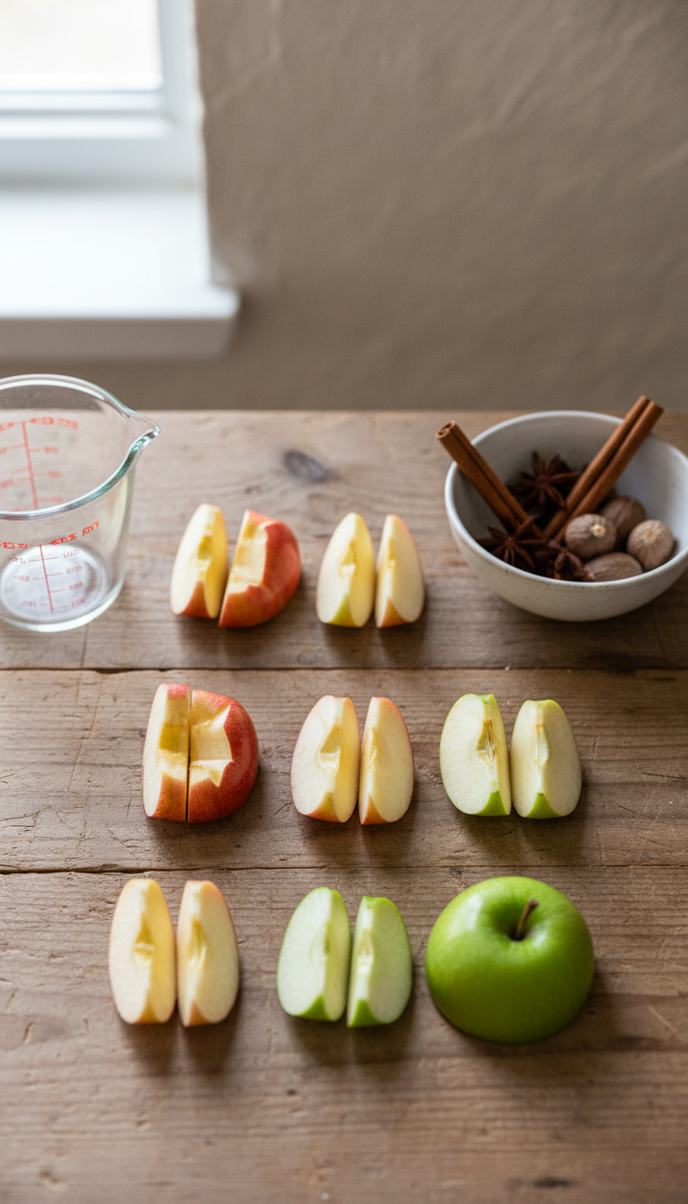 Freshly sliced Honeycrisp, Fuji, Granny Smith apples on rustic wood, with cinnamon sticks for baking.