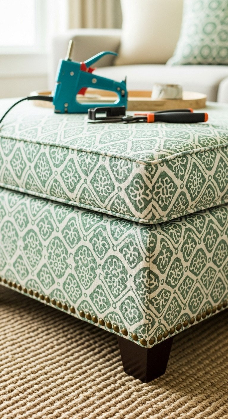 Freshly upholstered DIY ottoman coffee table in a bright living room, showcasing fabric and nailhead trim. Tools hint at completion.
