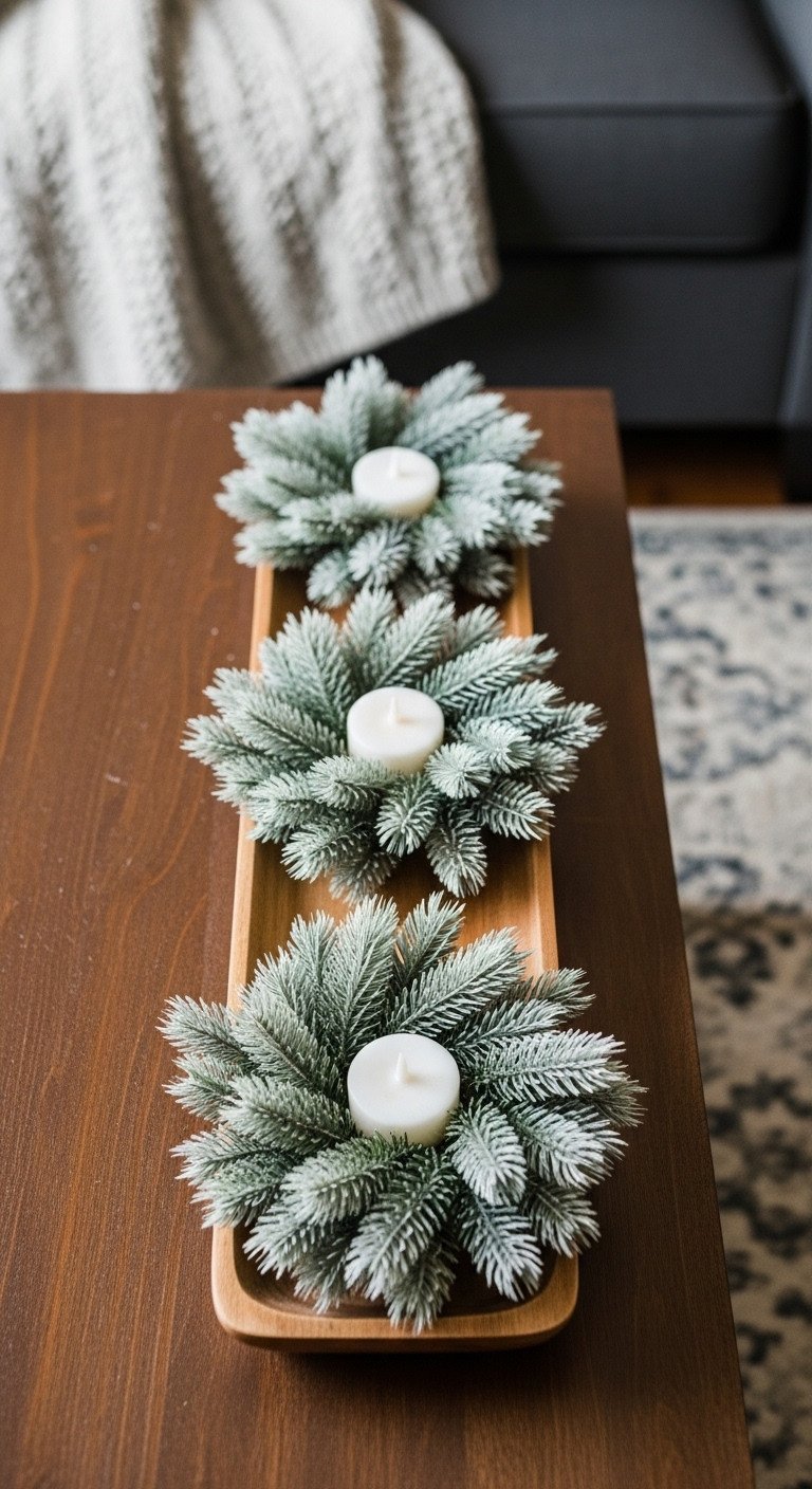 Frosted faux pine wreaths with flameless tea lights on a long wood tray. Peaceful Christmas table centerpiece decor.