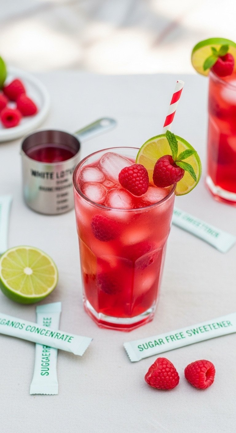 Lotus Energy Drinks 11 Expert Recipes To Master Clean Energy 9 Frosty red sugar-free energy drink with raspberry, lime, fresh fruit in tall glass on linen, outdoor picnic setting.