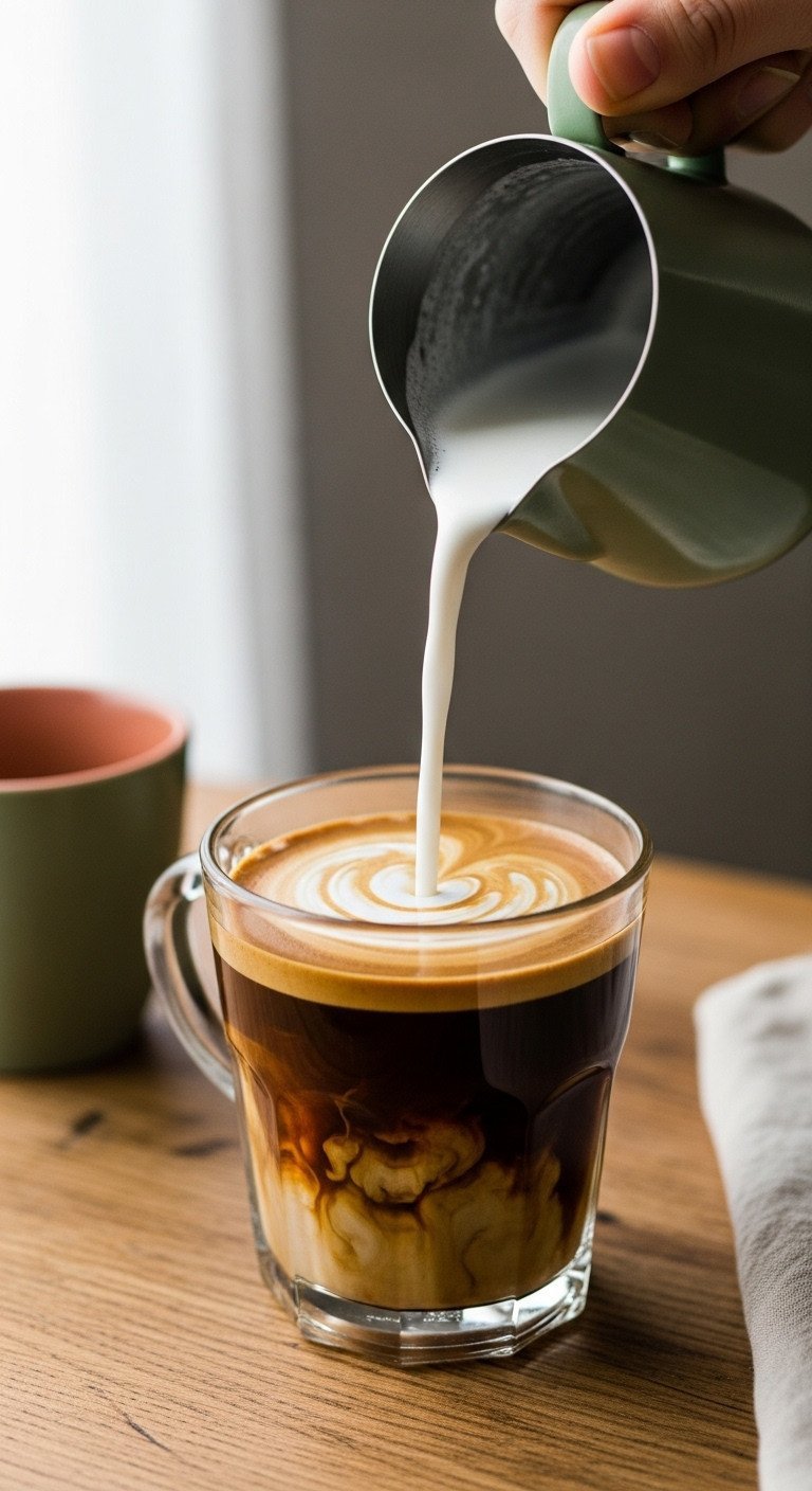 Frothed milk being poured into a clear glass mug of dark coffee, creating a beautiful swirl on a rustic wooden table.