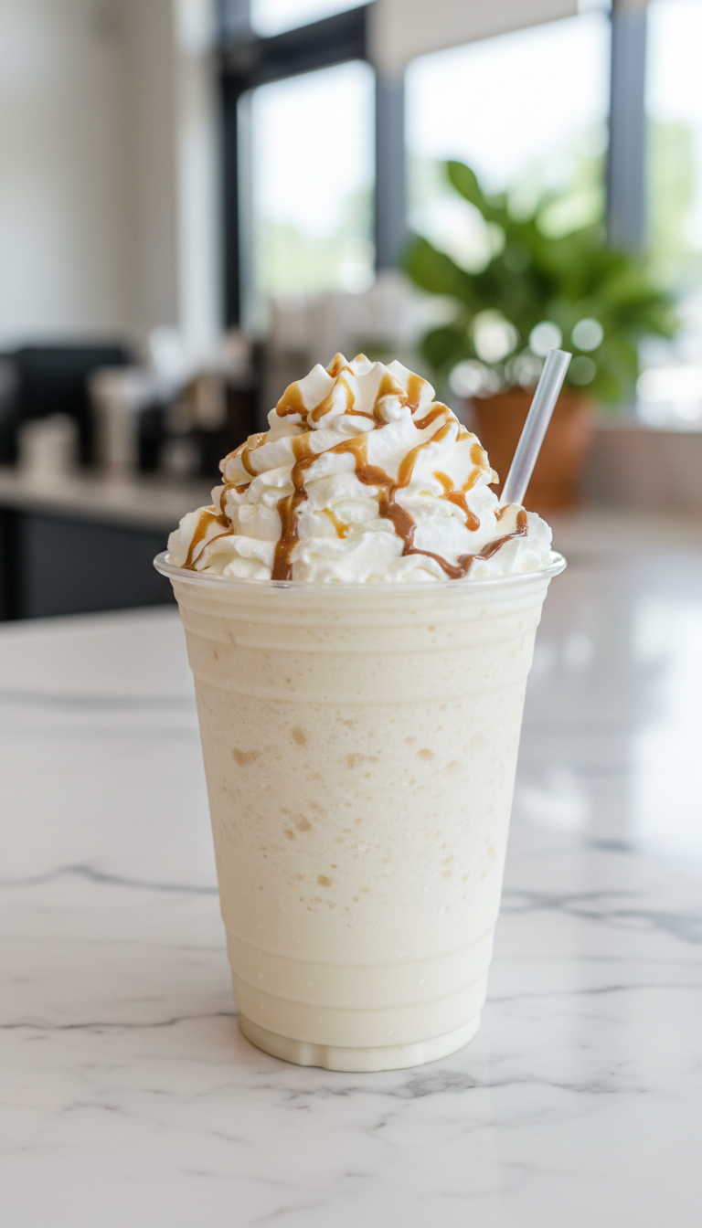 Dunkin' White Chocolate Iced Coffee Perfect Order 13 Frozen White Chocolate Coffee: icy blended drink, whipped cream, caramel sauce, condensation in clear cup on marble.