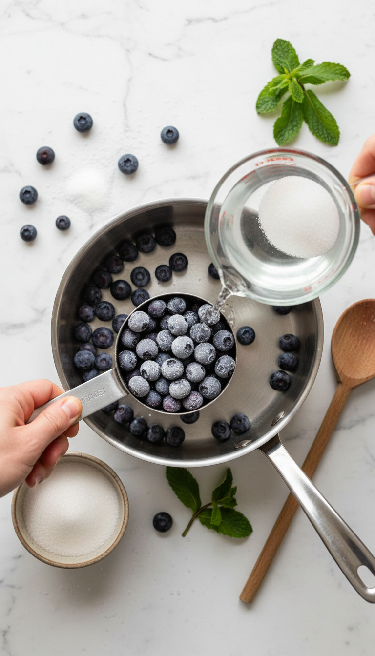 Homemade Blueberry Coffee Syrup: Easy Steps for Flavorful Drinks 5 Frozen blueberries with frost being measured into a metal saucepan for syrup, with sugar and mint on a white marble counter.
