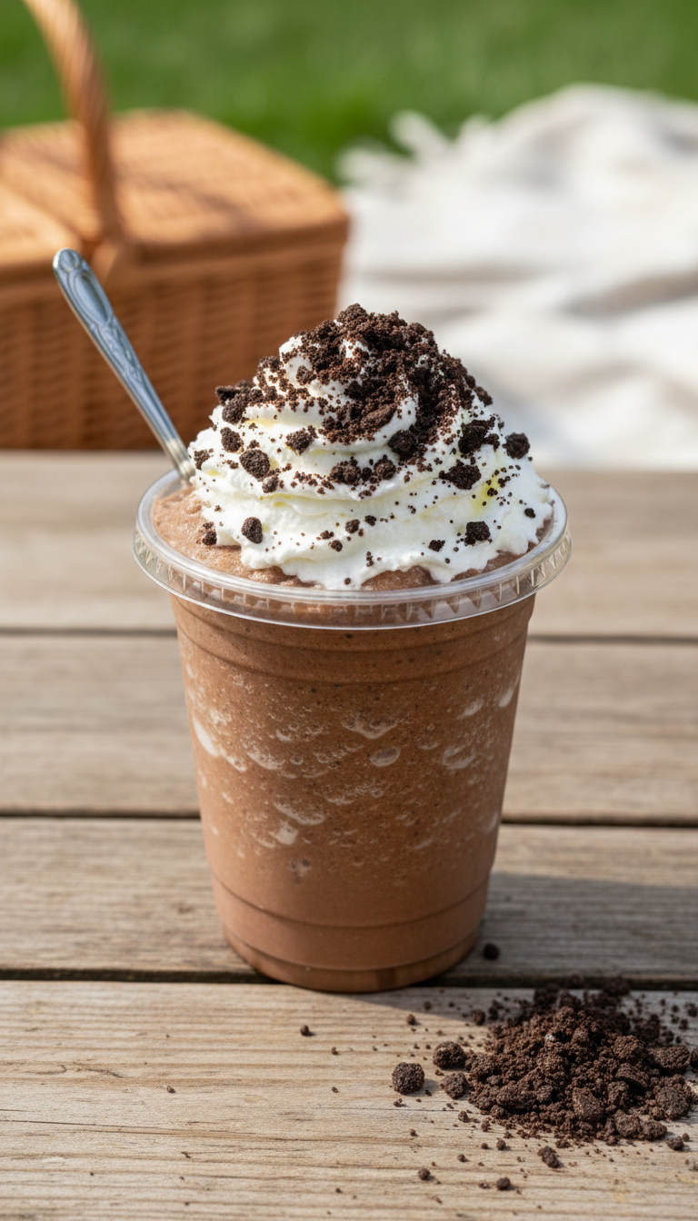 Frozen coffee with whipped cream, crushed chocolate cookies in clear cup, rustic wood table, picnic background, spoon.