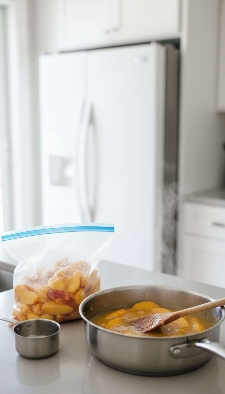 Easy Homemade Peach Coffee Syrup for Perfect Lattes 15 Frozen peach slices next to simmering peach syrup in a saucepan on a kitchen counter. Making homemade syrup.
