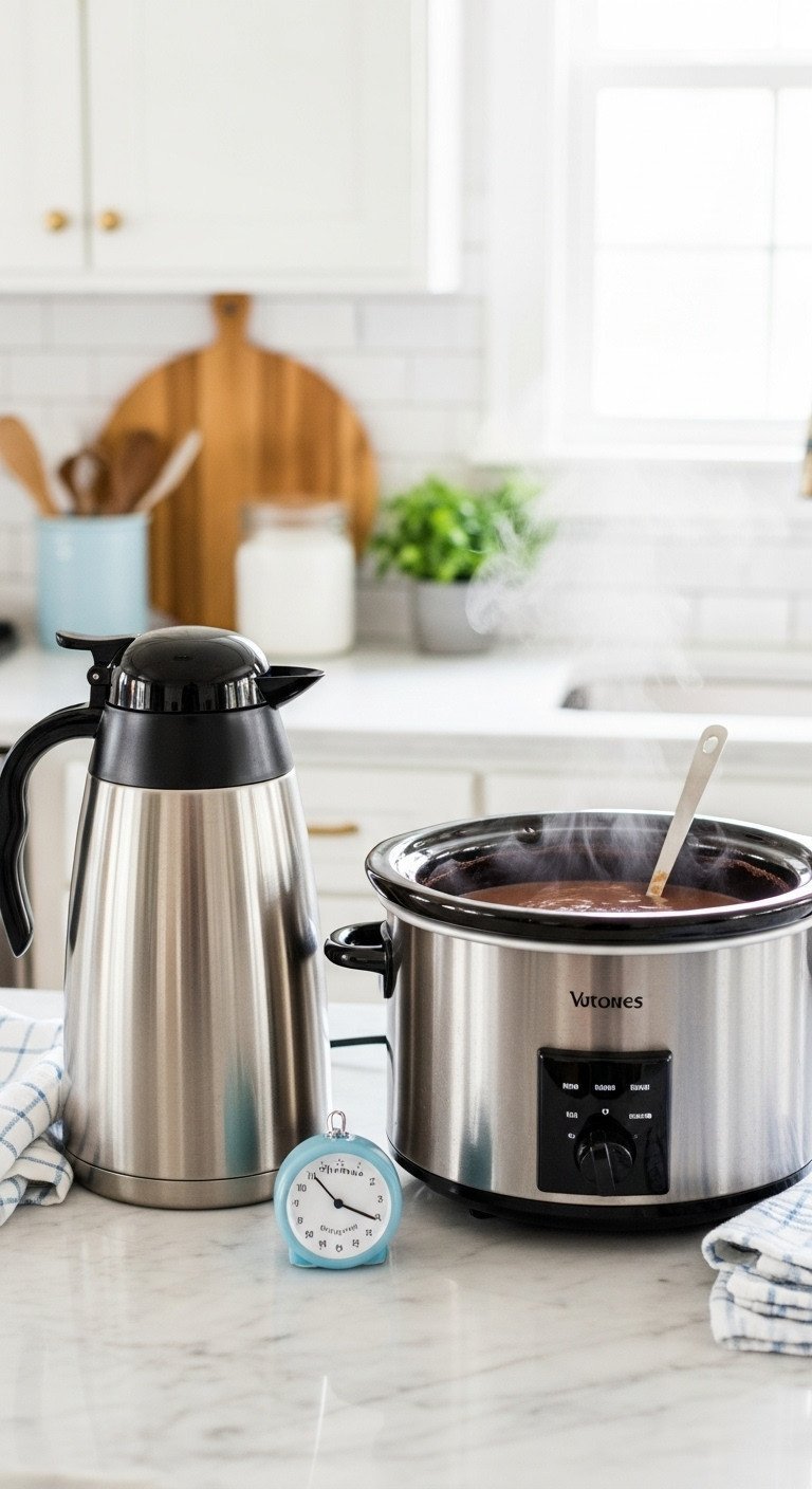 11 Genius Christmas Coffee Hot Chocolate Bar Ideas 20 Functional Christmas hot chocolate bar with a stainless steel airpot and steaming slow cooker on a marble counter.