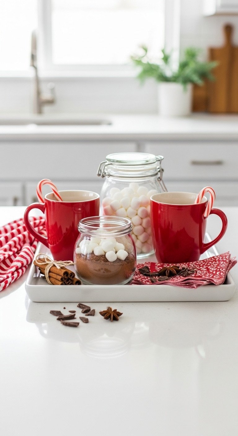 Functional Christmas hot cocoa station: tray with festive mugs, marshmallows, cocoa powder, holiday napkins, inviting setup.