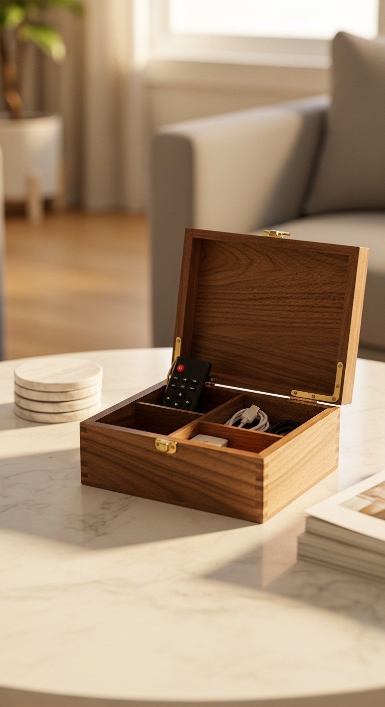 Functional coffee table decor: elegant dark walnut wood box with organized remotes and cables on a light round table.