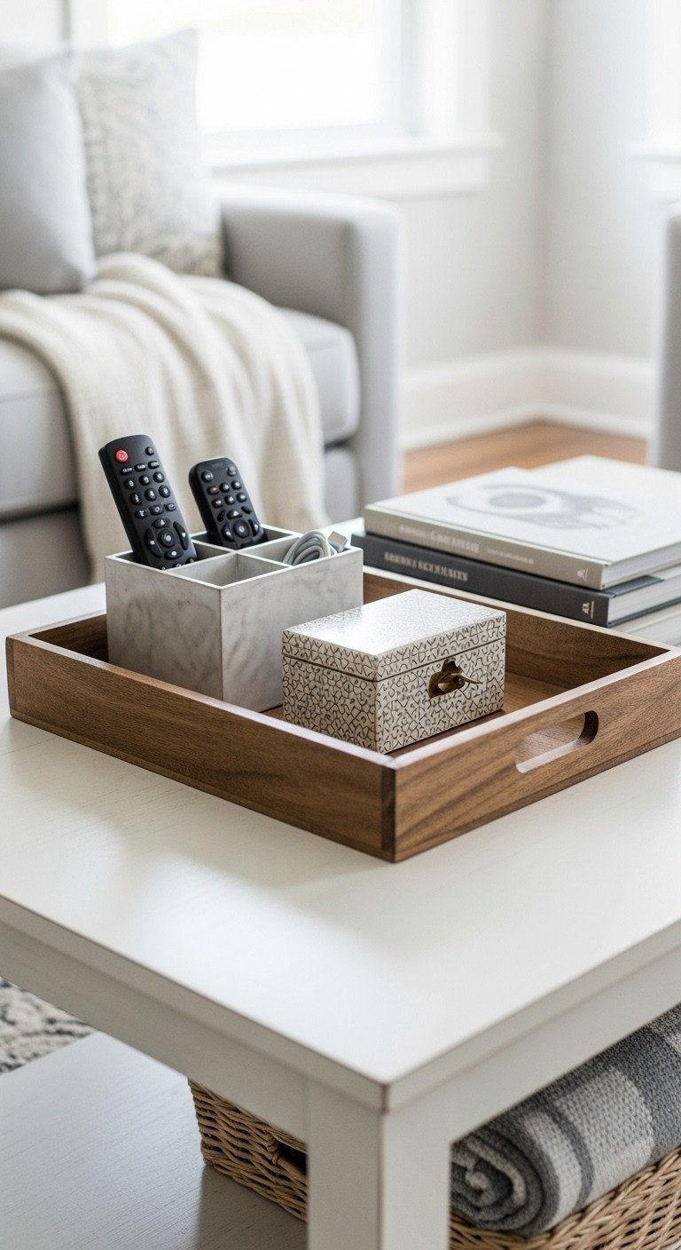 Transform Your Home With 7 Easy Coffee Table Vignettes 6 Functional coffee table storage: wooden tray with remote organizer, charging box, books, and folded blanket in a modern living room.