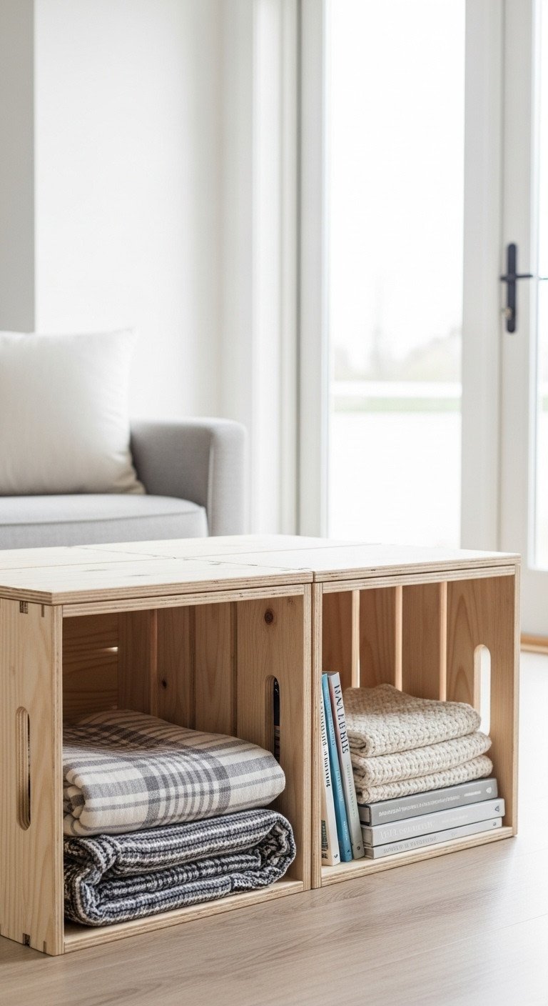 Functional cube storage coffee table, wooden crates, plywood top, holding books and blankets. Bright living room decor.