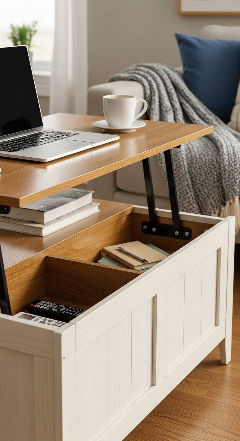 7 Unique Wood Coffee Table Styles For Your Home 8 Functional lift top wood coffee table with storage, styled for work with a laptop and coffee mug.