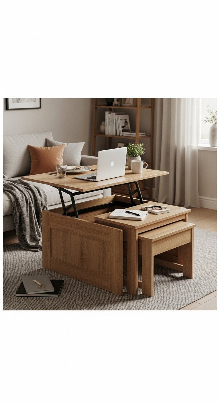Functional small space featuring an adjustable height nesting coffee table, raised for work or dining, maximizing utility.