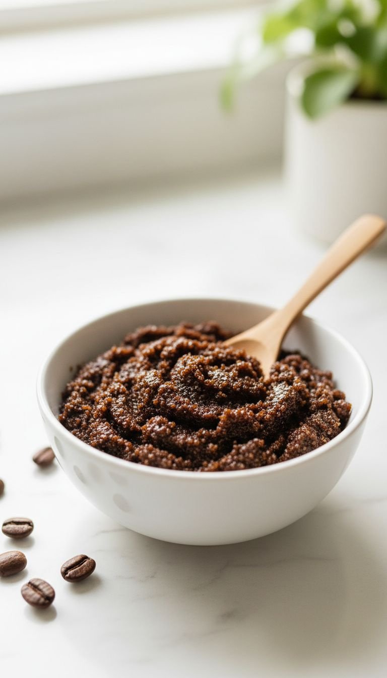 The 5 Minute Coffee Face Scrub For Naturally Glowing Skin 7 Gentle coffee scrub for sensitive skin with oatmeal and chamomile in a frosted glass bowl in a serene, white setting.