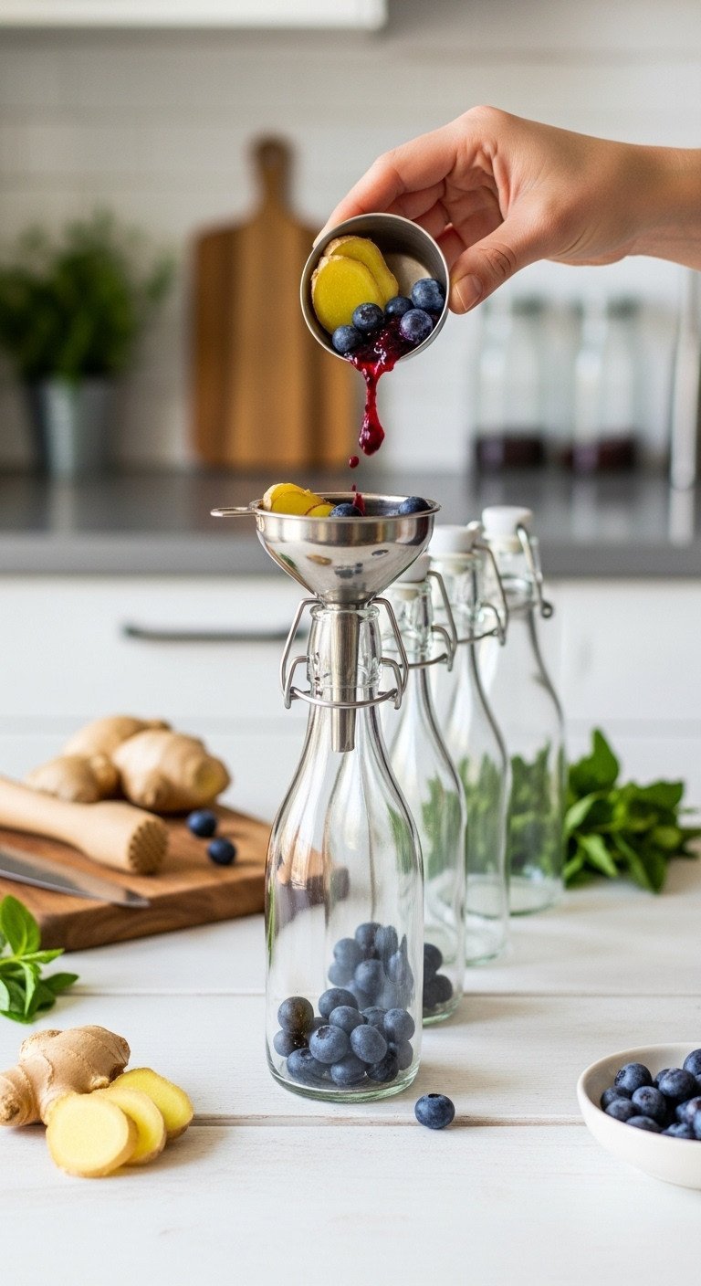 Master Kombucha Home Brewing For Gut Health And Perfect Flavor 8 Ginger slices, blueberries, fruit puree added to swing-top bottles using a funnel for kombucha secondary fermentation.