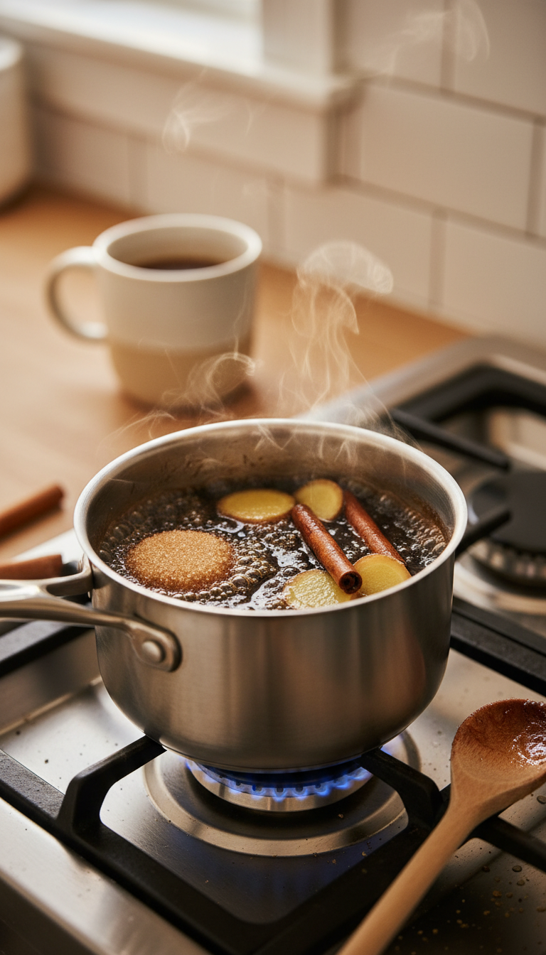 Best Homemade Gingerbread Coffee Syrup: Starbucks Copycat 3 Gingerbread syrup simmering: amber molasses, brown sugar, ginger, cinnamon sticks in a stainless steel saucepan on a stovetop.