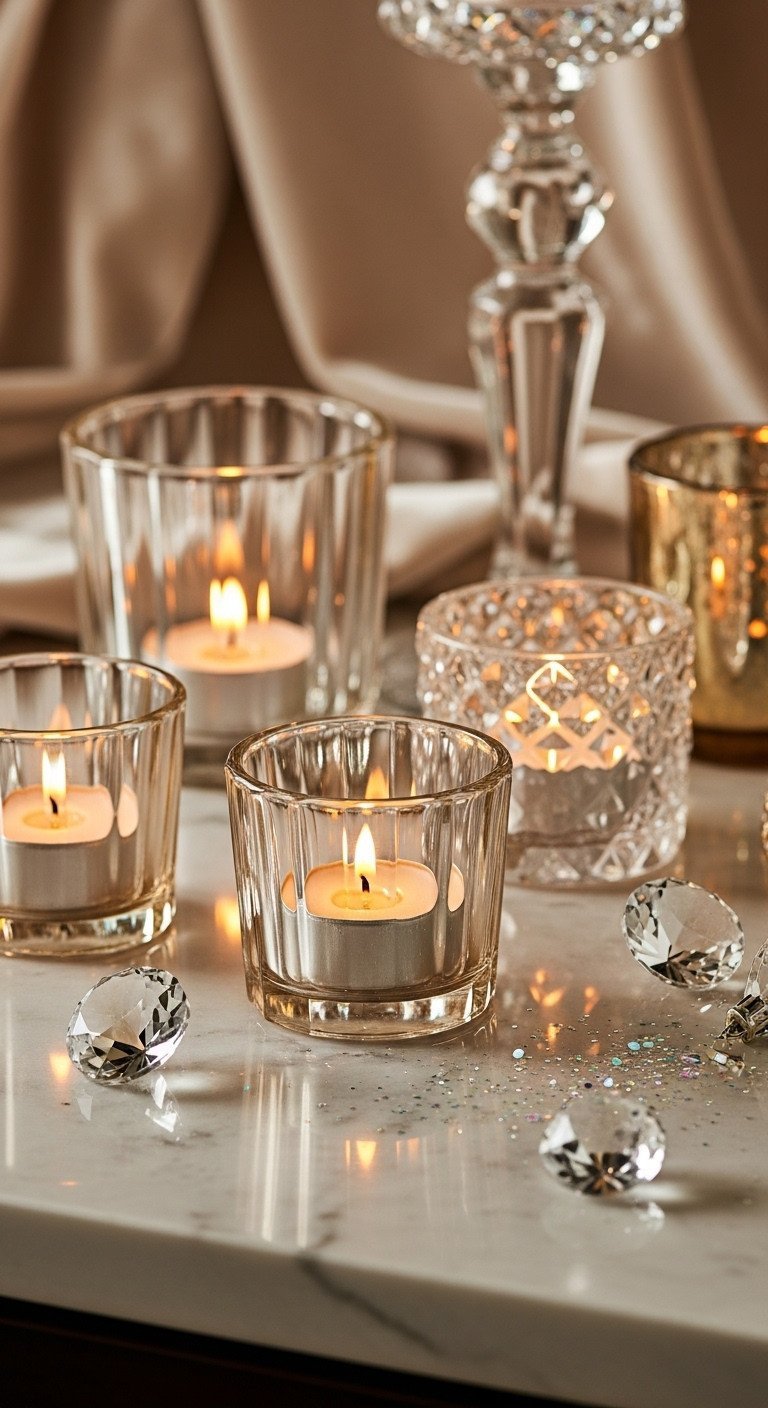 11 Glam Christmas Coffee Table Decor Ideas For Stunning Style 3 Glam Christmas decor: crystal votive candle holders with flickering tea lights, diamond ornaments on white marble. Cozy holiday ambiance.