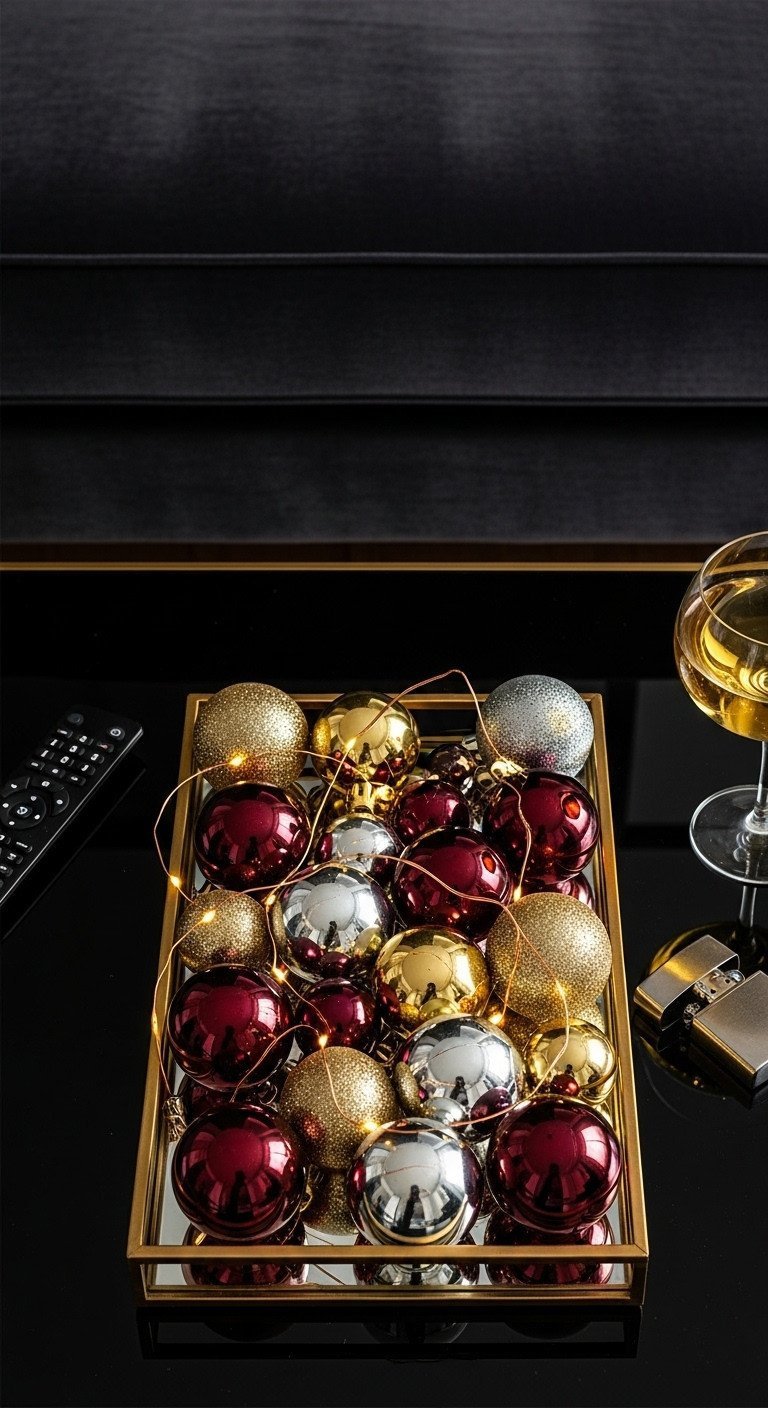 Glam Christmas decor: mirrored tray, shimmering gold, silver, burgundy ornaments, glowing copper fairy lights, festive display.