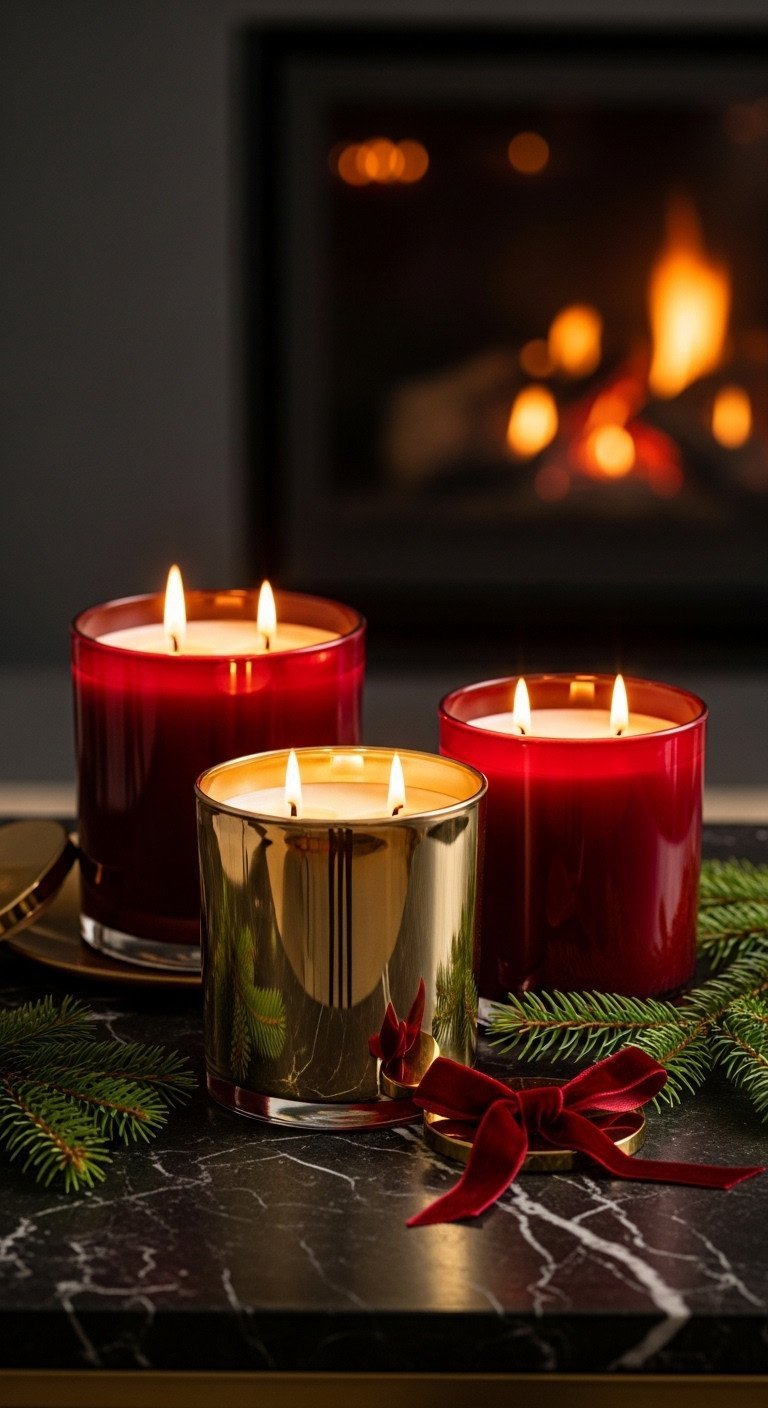 11 Glam Christmas Coffee Table Decor Ideas For Stunning Style 15 Glam Christmas decor: three metallic gold and deep red scented candles, velvet ribbon, pine needles. Cozy holiday ambiance.