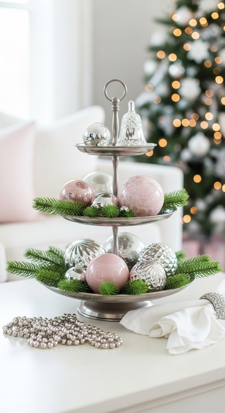 11 Glam Christmas Coffee Table Decor Ideas For Stunning Style 7 Glam Christmas decor: three-tiered metallic serving stand with elegant ornaments, crystal bell, greenery, silver garland. Minimalist holiday.