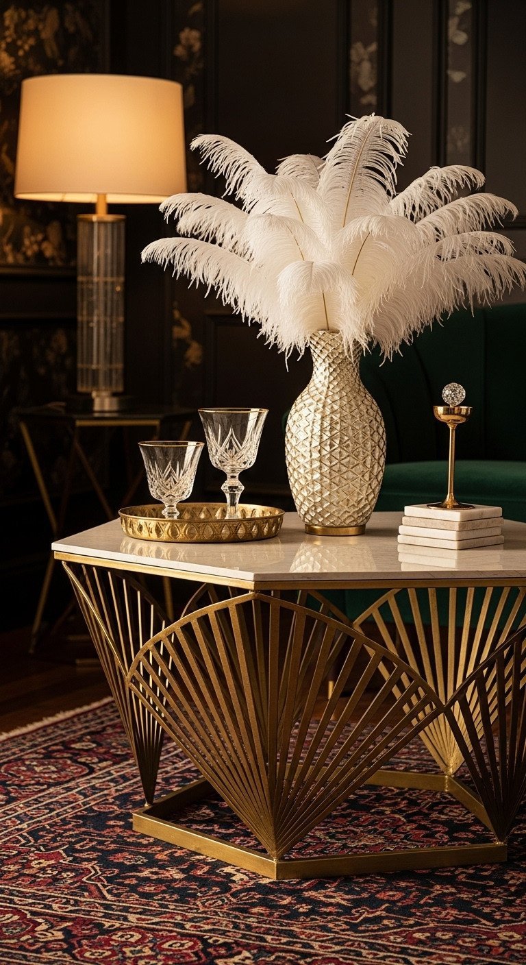 11 Genius Geometric Coffee Table Designs You Need 13 Glamorous Art Deco geometric coffee table with antique gold finish and fan patterns on a deep jewel-toned velvet rug.