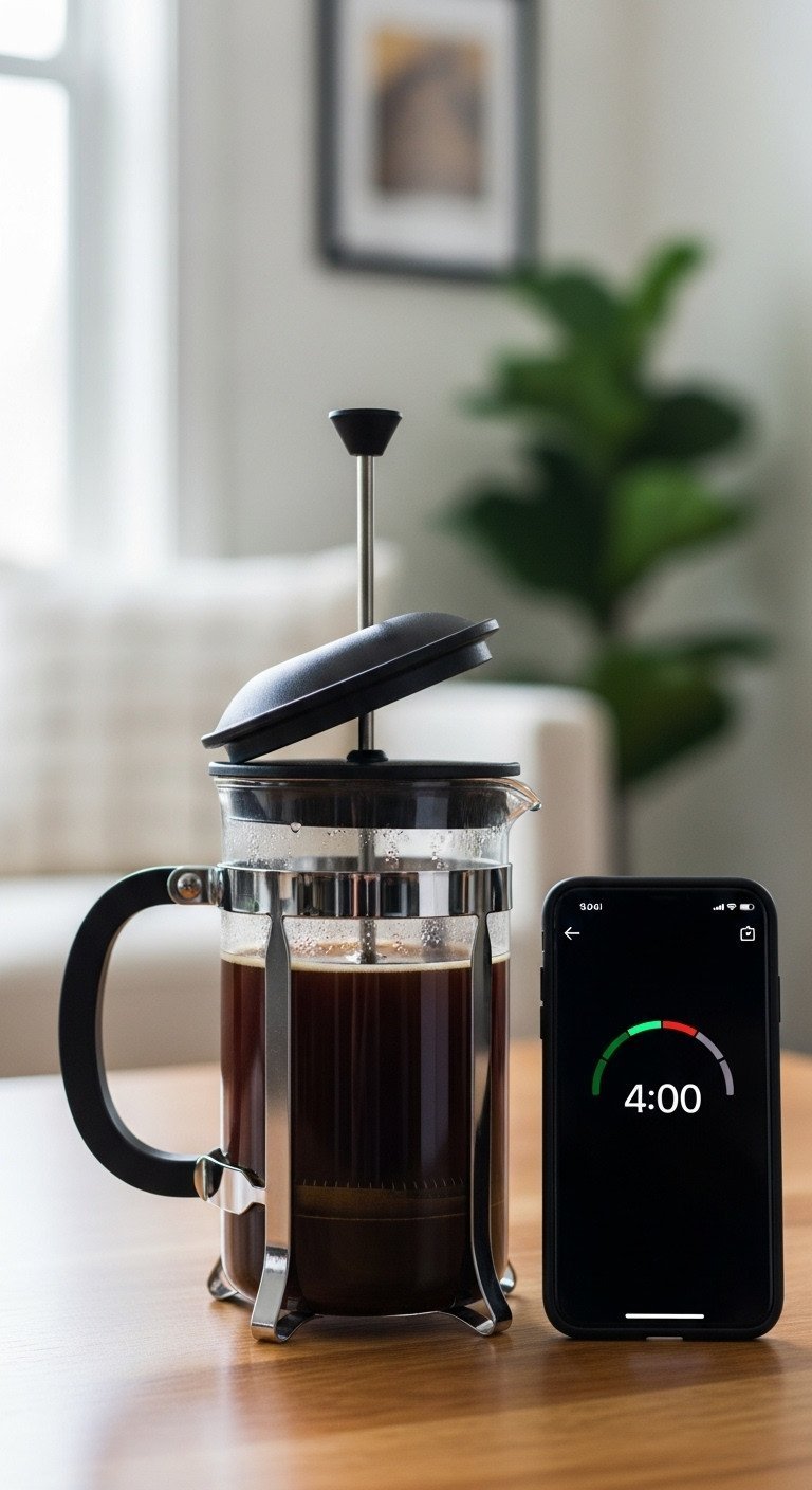 Glass Bodum-style French press steeping dark coffee on a wood surface, with the plunger lid on top, waiting to be pressed.