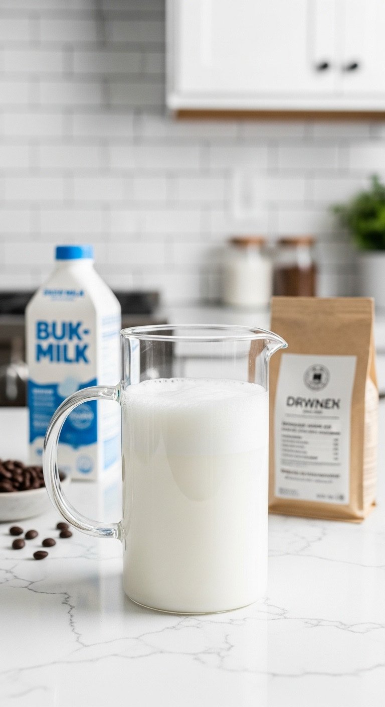 Glass French press on a white quartz countertop, filled with dense, frothy milk foam made using a simple DIY coffee hack.