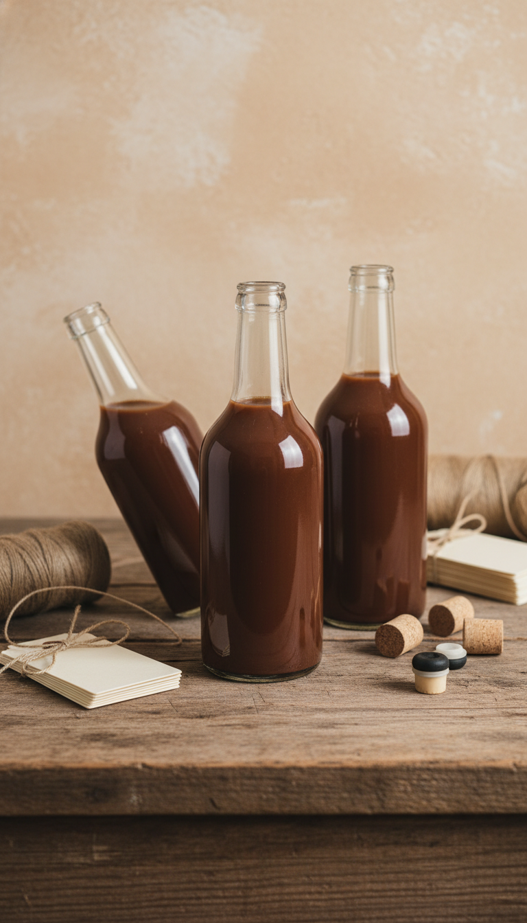 Homemade Irish Cream Coffee Syrup Without Alcohol 9 Glass bottles filled with dark Irish cream syrup, with corks and decorative twine, on a rustic wooden table.