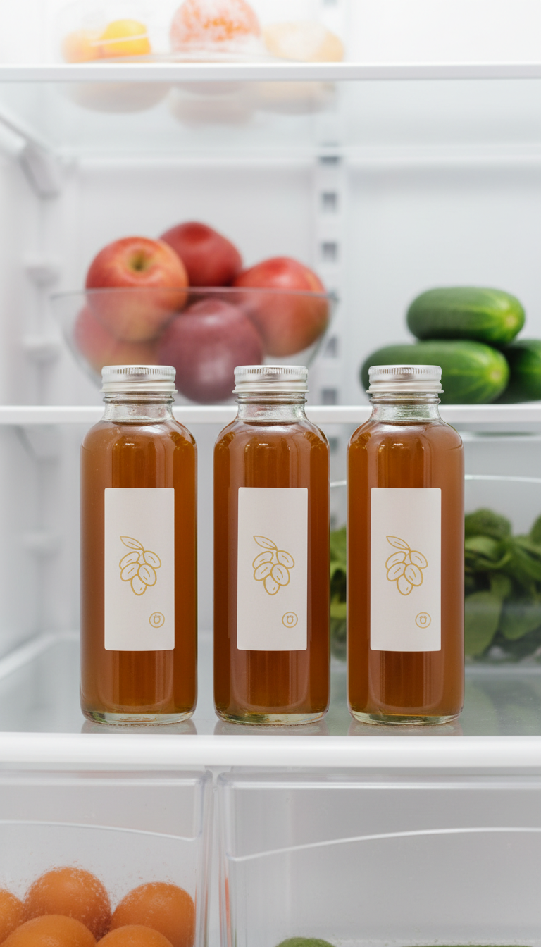 Homemade Date Coffee Syrup: Easy Natural Sweetener 13 Glass bottles of golden homemade date syrup neatly stored on a clean refrigerator shelf, perfect for healthy cooking.