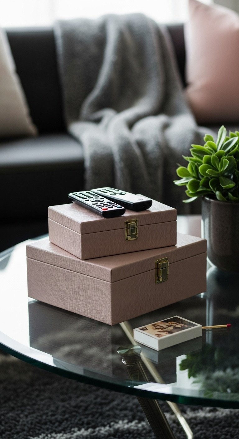 Glass coffee table with stylish decorative storage boxes for concealed organization. Elegant, clutter-free modern home decor, soft lighting.