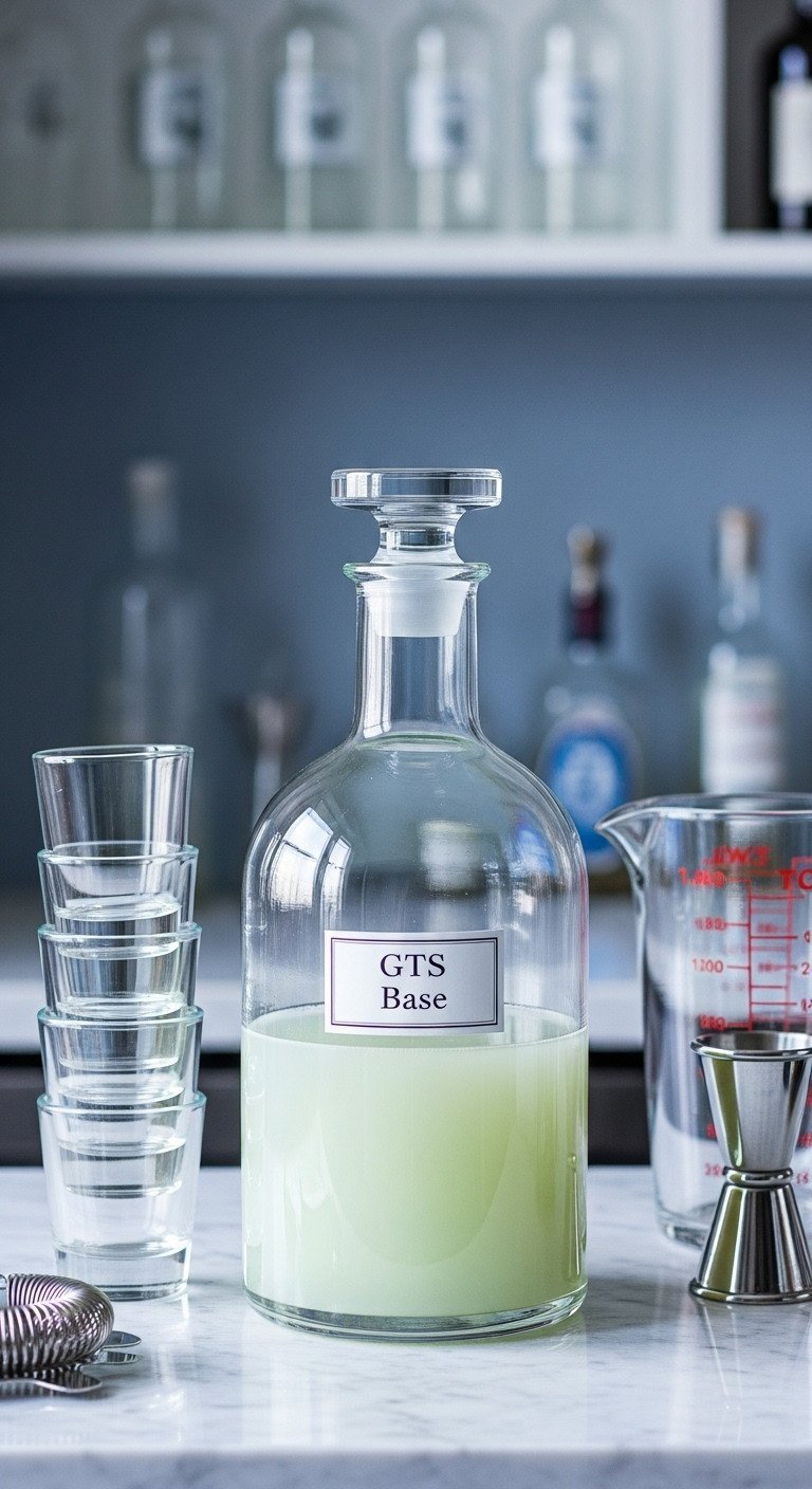 Glass decanter with green cocktail base, shot glasses & measuring cup on marble counter. Efficient bulk cocktail preparation.
