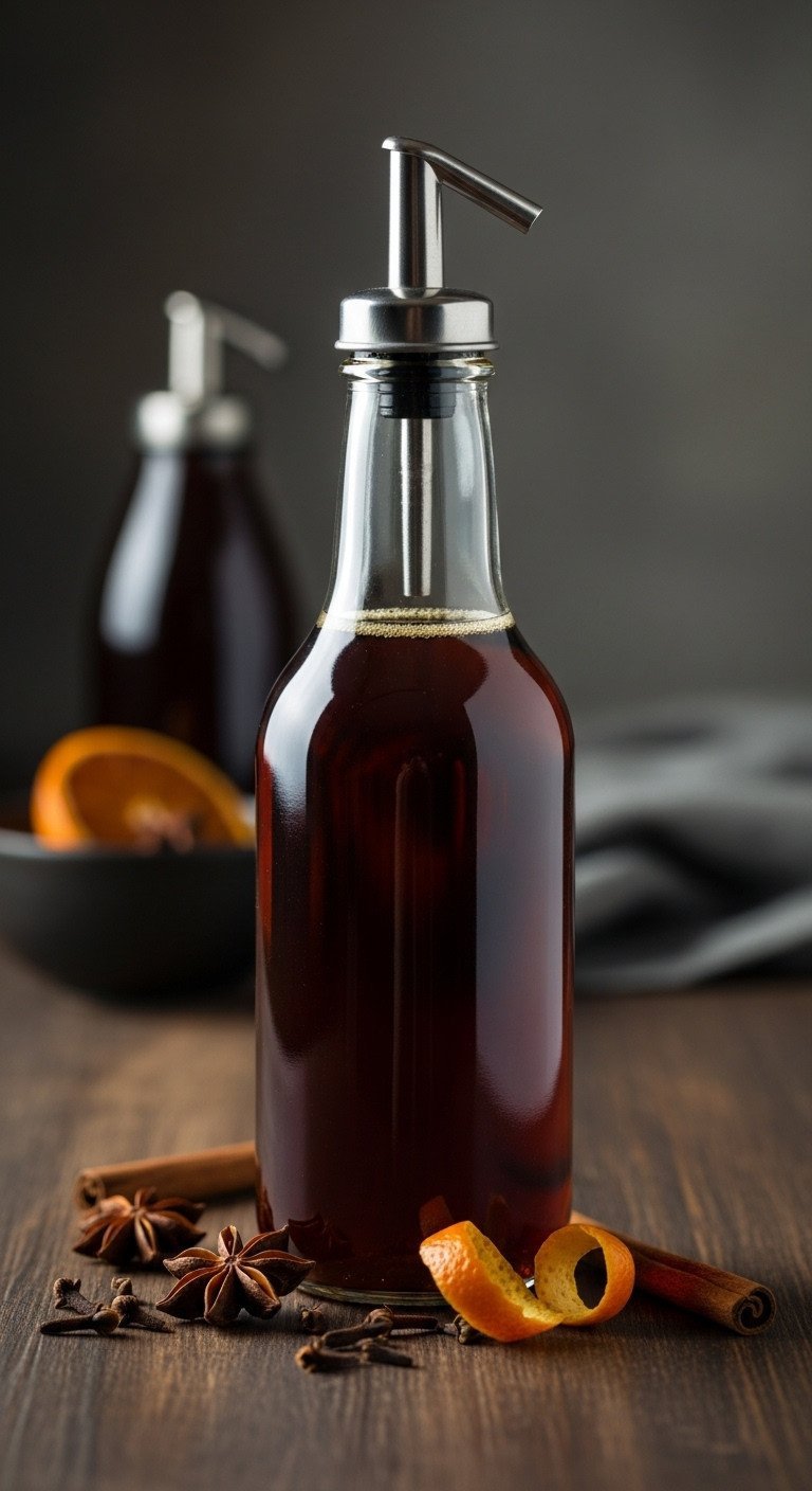 Perfect Homemade Coffee Syrup A Foolproof Recipe Guide 9 Glass dispenser bottle of rustic brown sugar spice syrup on a dark wood surface with star anise, cloves, and orange.
