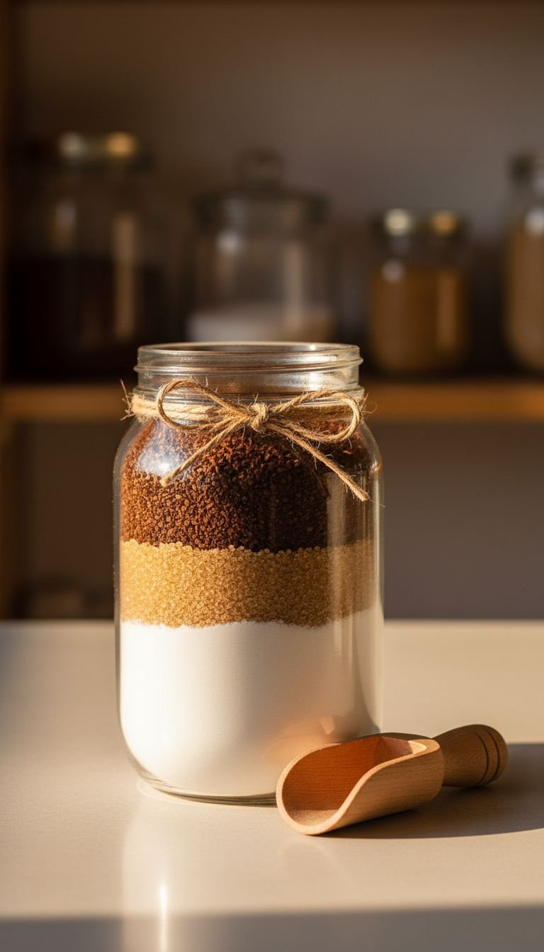 Glass jar with neat layers of a DIY 3-in-1 coffee mix including milk powder, brown sugar, and instant coffee granules.