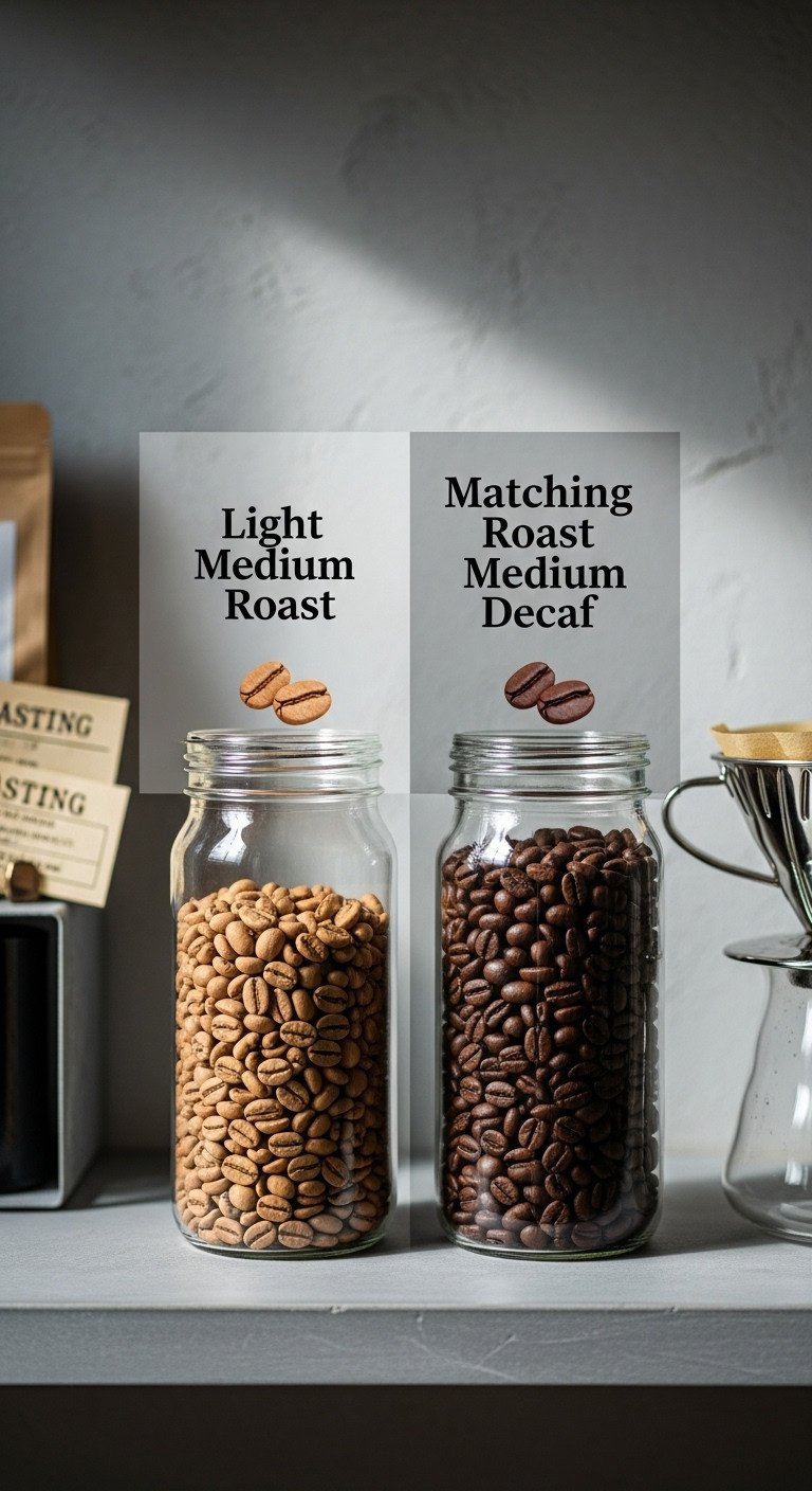 7 Secrets To Perfect Half Caff Coffee Jitters Free 5 Glass jars of light, medium, dark roast coffee beans; focus on matching medium regular and decaf beans on a shelf.