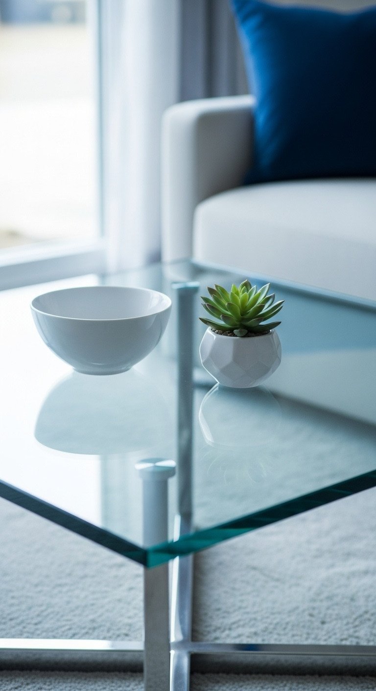 Glass square coffee table, metal base, with ultra-minimalist styling: white ceramic bowl and single succulent. Clean, contemporary decor.