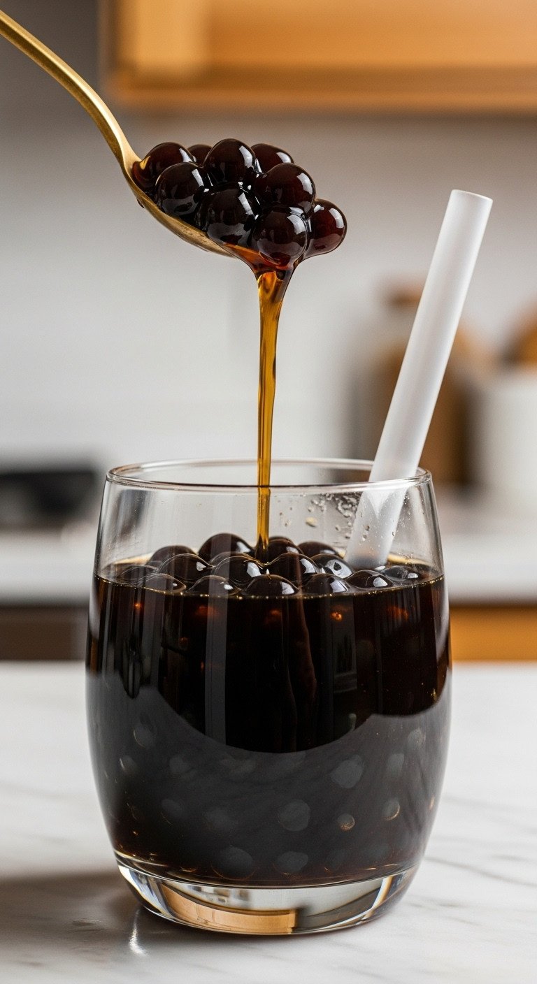 Blue Milk Tea Recipe And Secrets For Perfect Boba 3 Glistening black boba pearls in brown sugar syrup at the bottom of a clear glass on a marble countertop, ready for bubble tea.