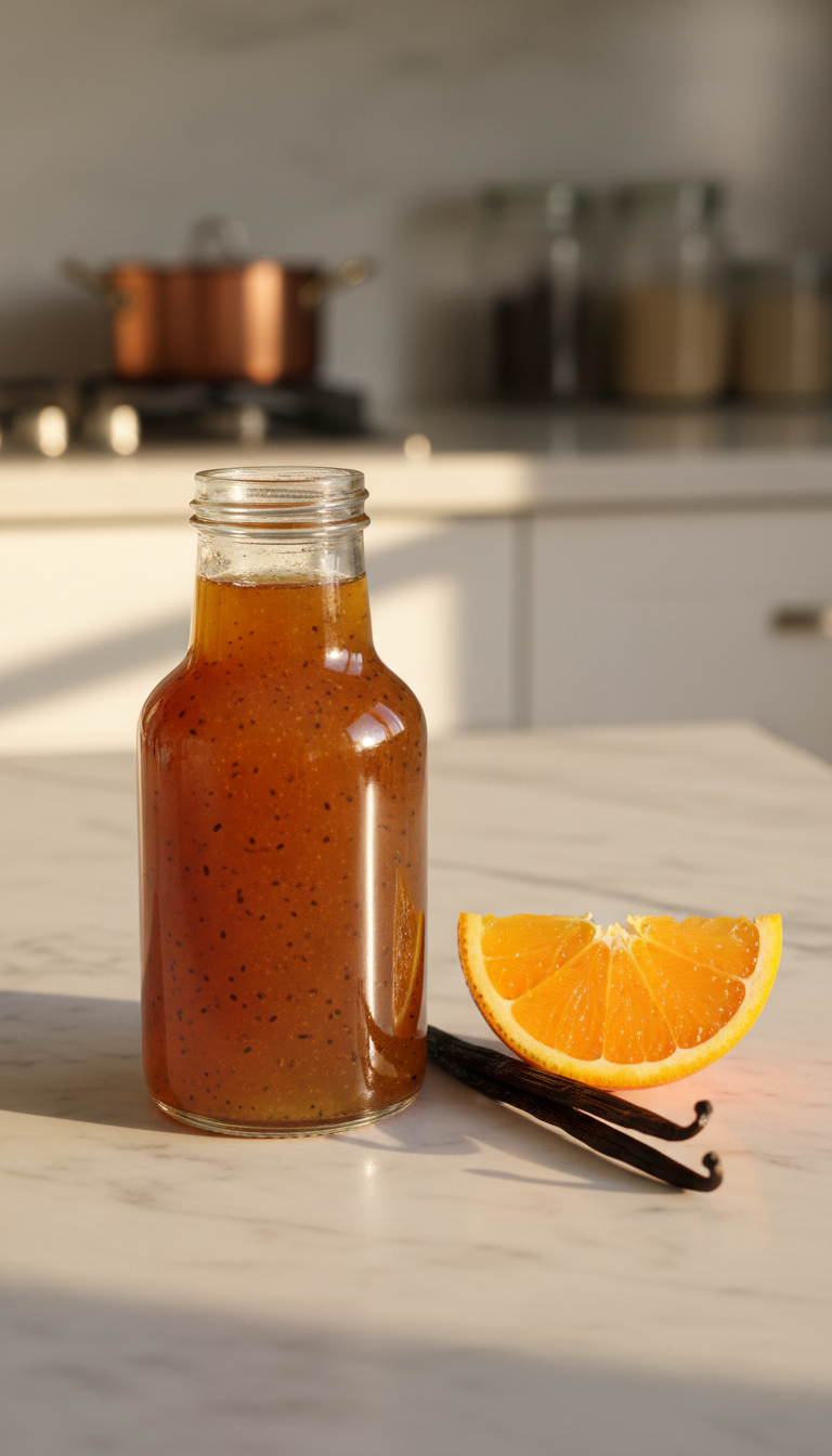 Homemade Orange Coffee Syrup: Easy Recipe for Lattes 1 Glossy amber orange vanilla bean syrup in a bottle, with a split vanilla pod and orange slice on a marble counter in warm light.