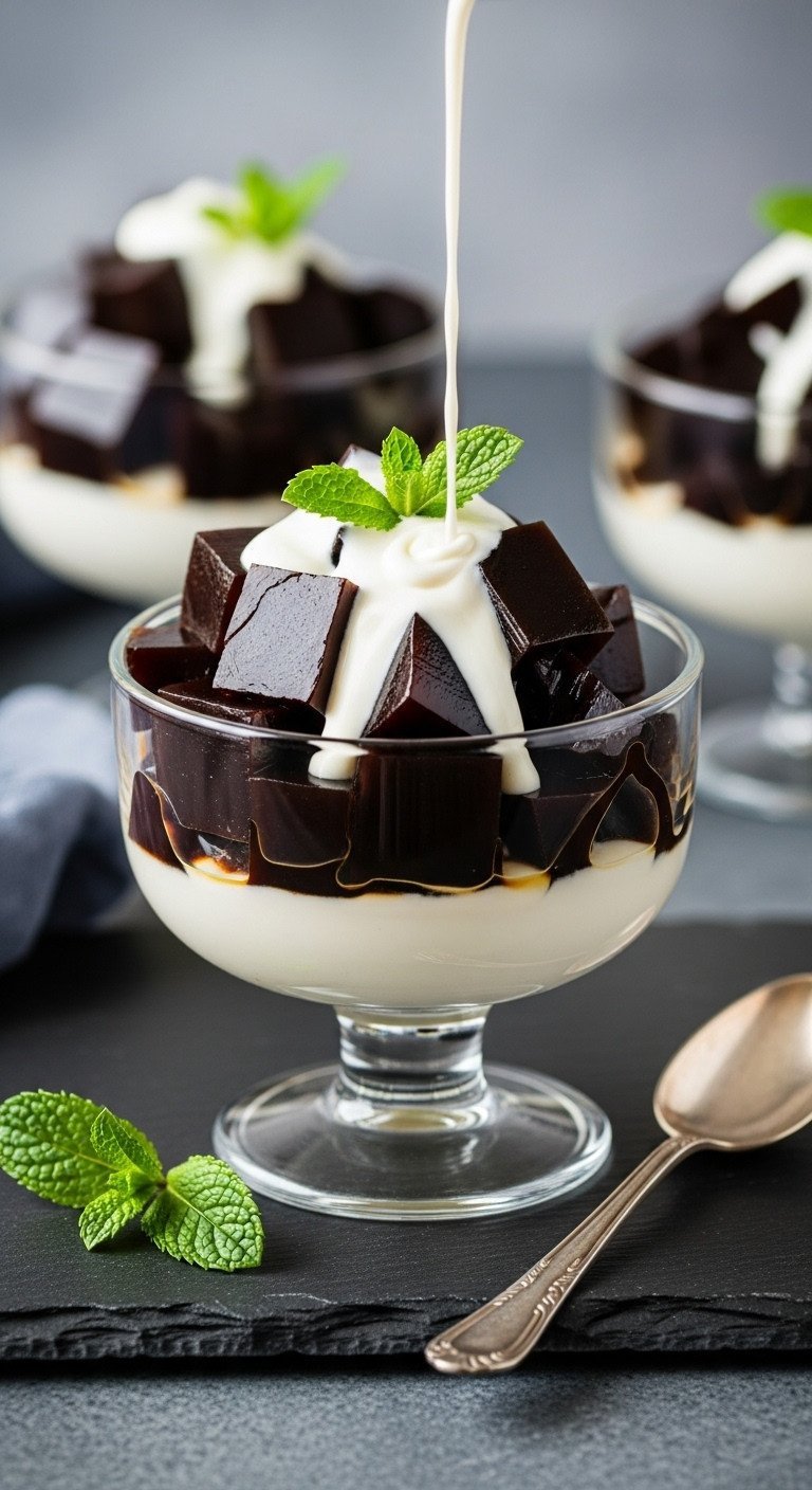 Glossy, dark brown coffee jelly cubes in a glass dessert dish, drizzled with thick white heavy cream and a mint garnish.