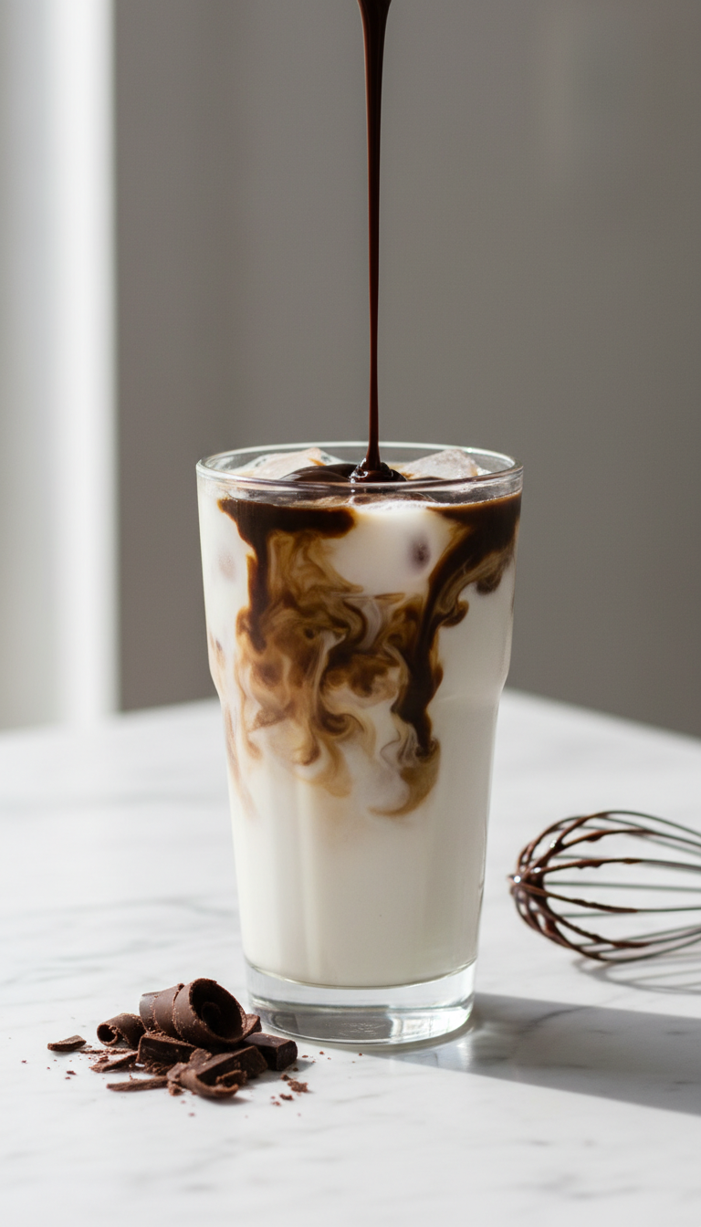 Homemade Mocha Syrup for Rich Iced Coffee Drinks 7 Glossy dark chocolate syrup drizzling over iced coffee on a marble countertop, with chocolate shavings and a whisk.