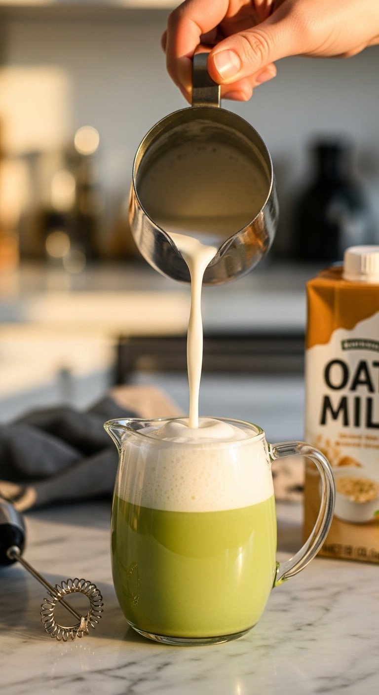 Matcha Latte Recipe The Secret to Non-Bitter Clump Free Smoothness 7 Glossy, thick frothed barista oat milk microfoam in pitcher, ready for matcha latte, with frother on marble.