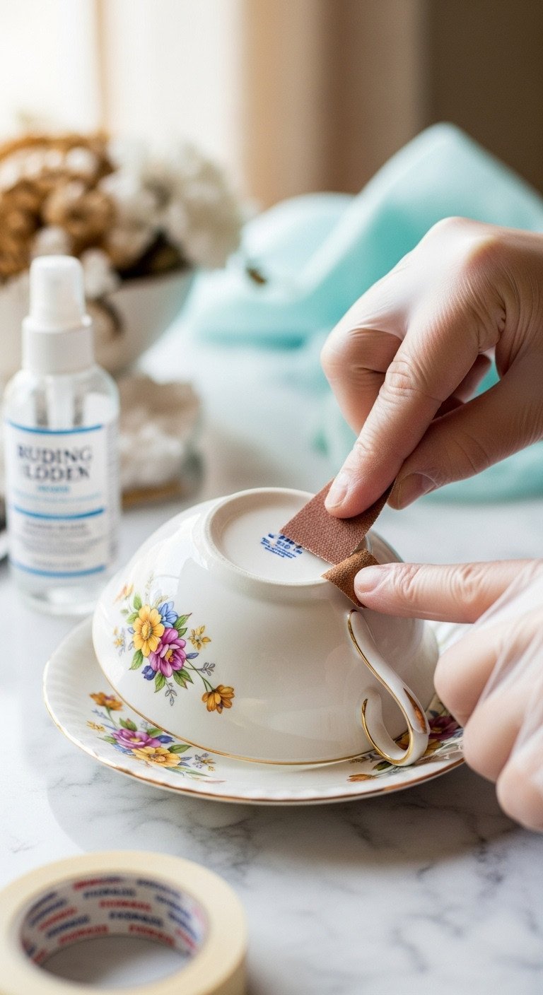 Teacup Wreath Tutorial for Permanent Vintage China Decor 1 Gloved hand lightly sands the glazed bottom of a delicate floral vintage teacup saucer on a marble counter for wreath crafting, showing DIY prep.