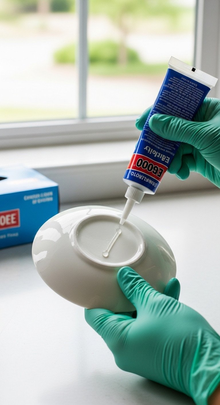 Teacup Wreath Tutorial for Permanent Vintage China Decor 5 Gloved hands apply a thin bead of E6000 industrial glue to a vintage saucer's scored bottom on a white surface for wreath assembly.