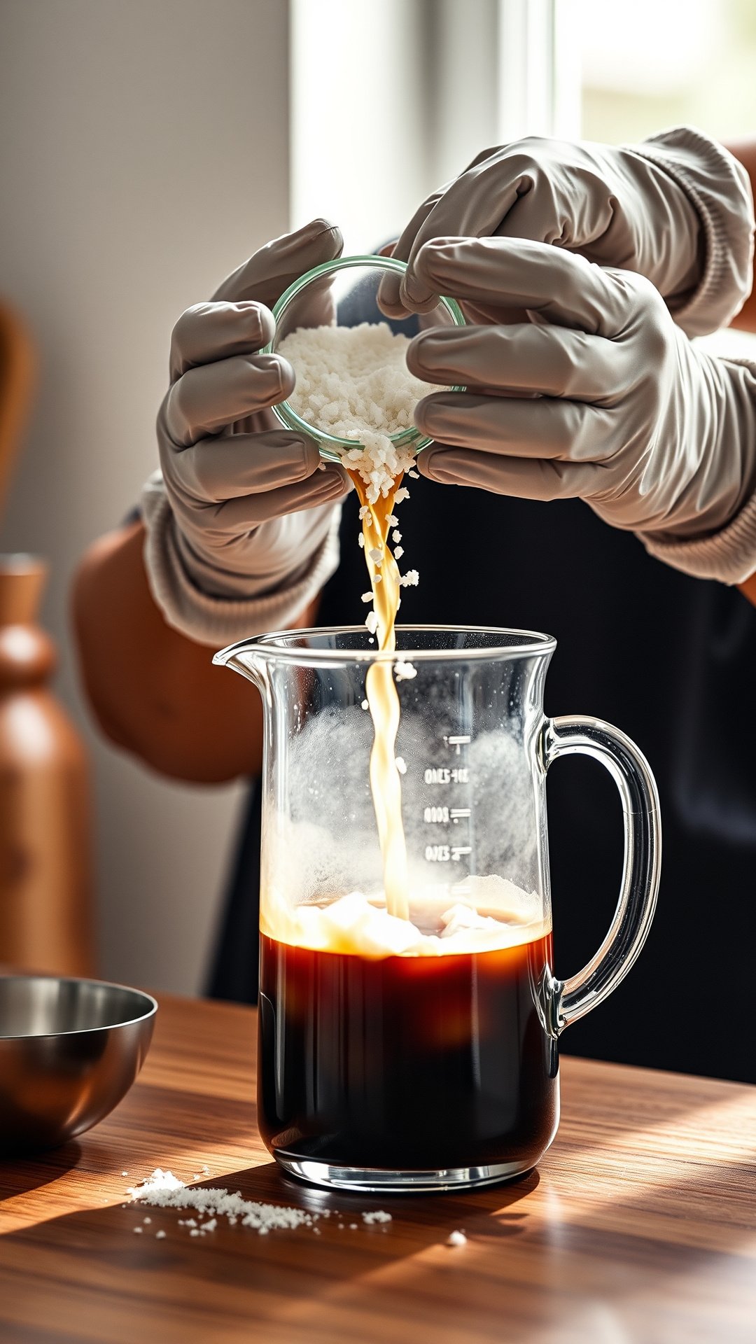 Make Perfect Coffee Soap With Our Complete Step By Step Guide 1 Gloved hands pour white lye flakes into a pitcher of dark coffee, a critical safety step in the handmade soap making process.