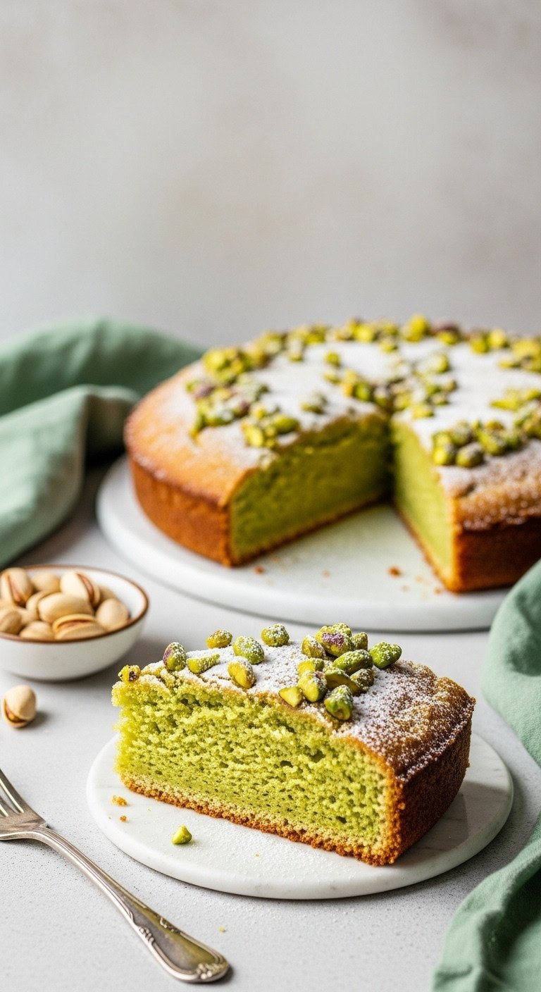 Best Moist Christmas Coffee Cake for a Perfect Holiday 9 Gluten-free pistachio coffee cake slice, pale green crumb, chopped pistachios, powdered sugar on stone.