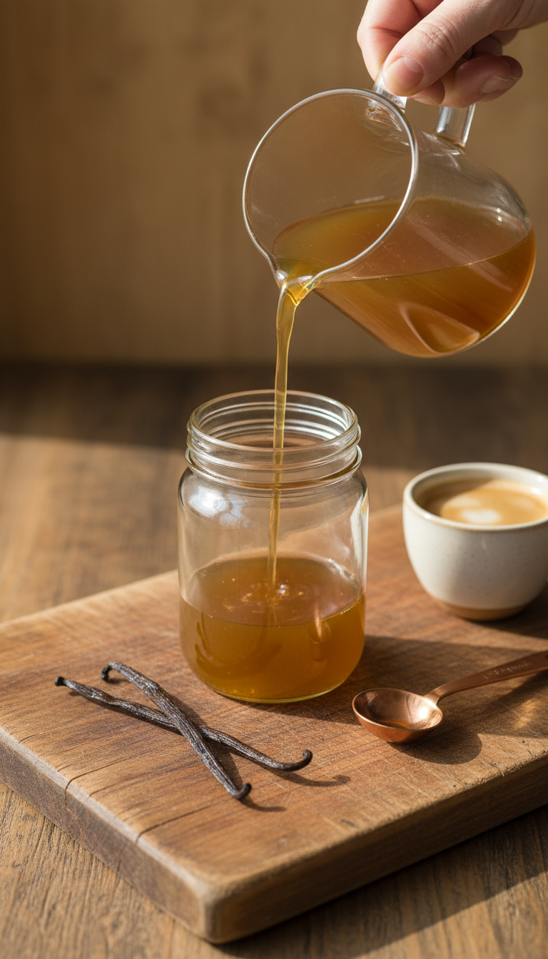 Homemade Stevia Coffee Syrup Easy Sugar-Free Recipe 3 Golden French vanilla stevia coffee syrup pours into glass jar, vanilla beans, latte, spoon on rustic wooden table, warm light.